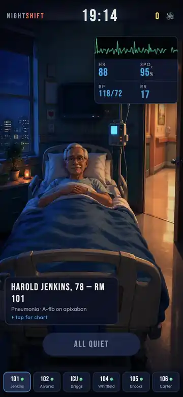 Night Shift: a patient room mid-shift with live vital signs